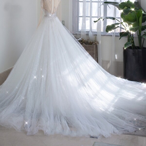 Jupe amovible en tulle à paillettes blanches pour mariage, train détachable, 6 couches, pour robes, jupe de mariée brillante (devant 45 pouces, dos 67 pouces)