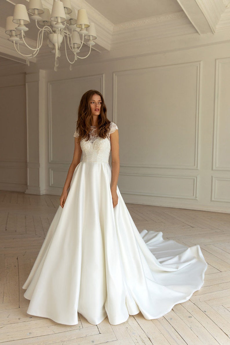 Satin Lace Wedding Dresses Aline Cap Sleeves Bridal Gowns Etsy