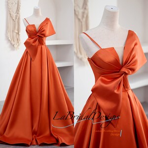 High Quality Woman Banquet Evening Dress Straps Orange Satin Marriage Party Ball Gown With Big Bow