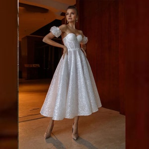 Glitter Sequin Tea Length Wedding Dresses sweetheart A-line Bridal Gowns Detachable Sleeves Short Beach Luxury Bridal Dress