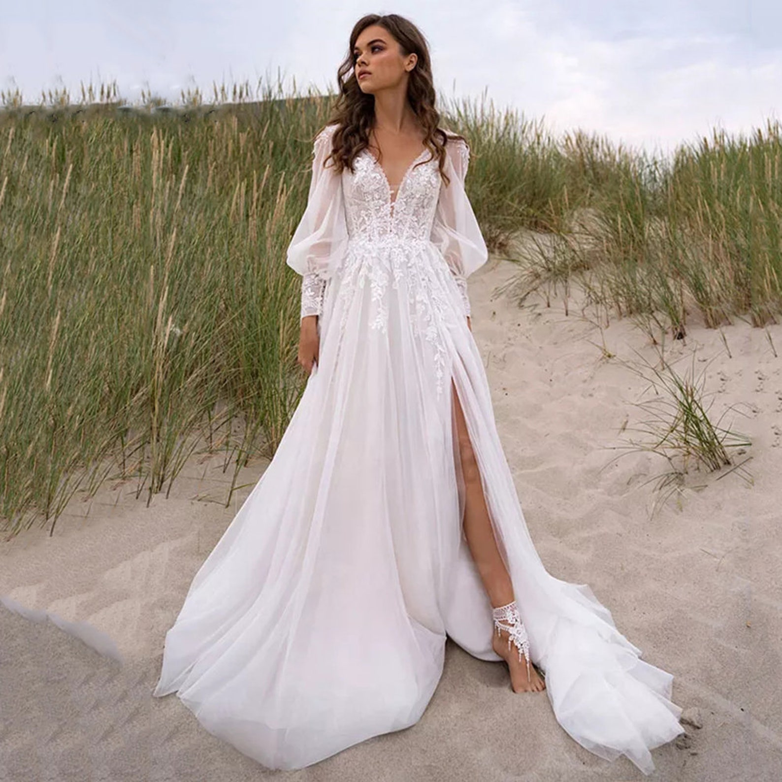 Puff Sleeves Boho Wedding Dresses Deep V-neck Side Slit Bridal - Etsy