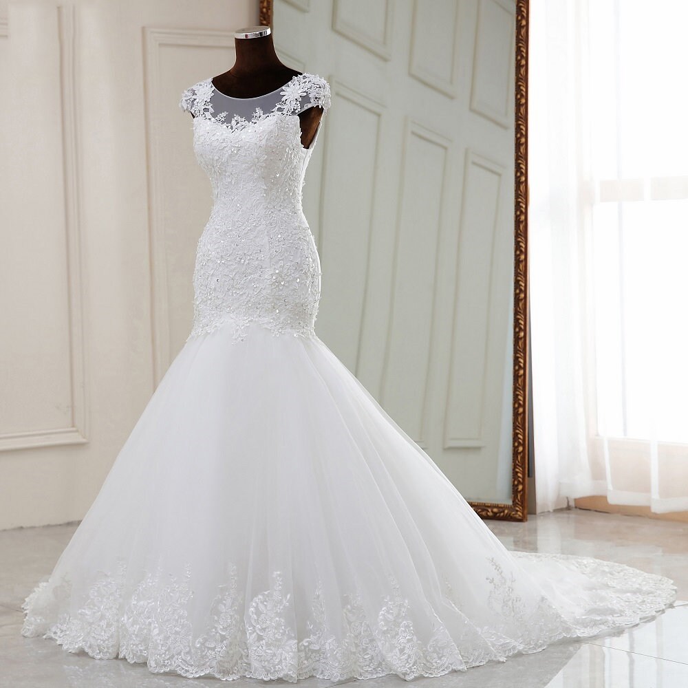 See Through Long Sleeve Mermaid Wedding Dresses Lace Applique Bridal Dress AWD1251