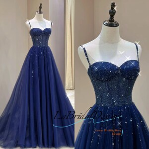 Beautiful Royal blue Beaded Straps A-line Tulle New Prom Dress Party Dress Blue Floor Length Party Dress W66518