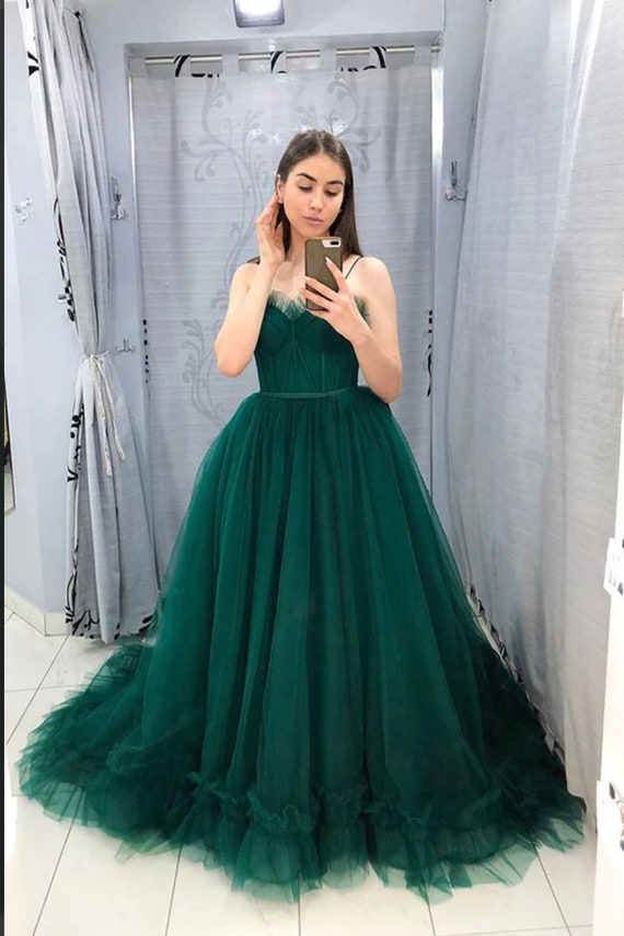 Ball Gown Dark Green Velvet Tulle Long Prom Dress With Detachable  Off-the-shoulder Sleeves - Etsy