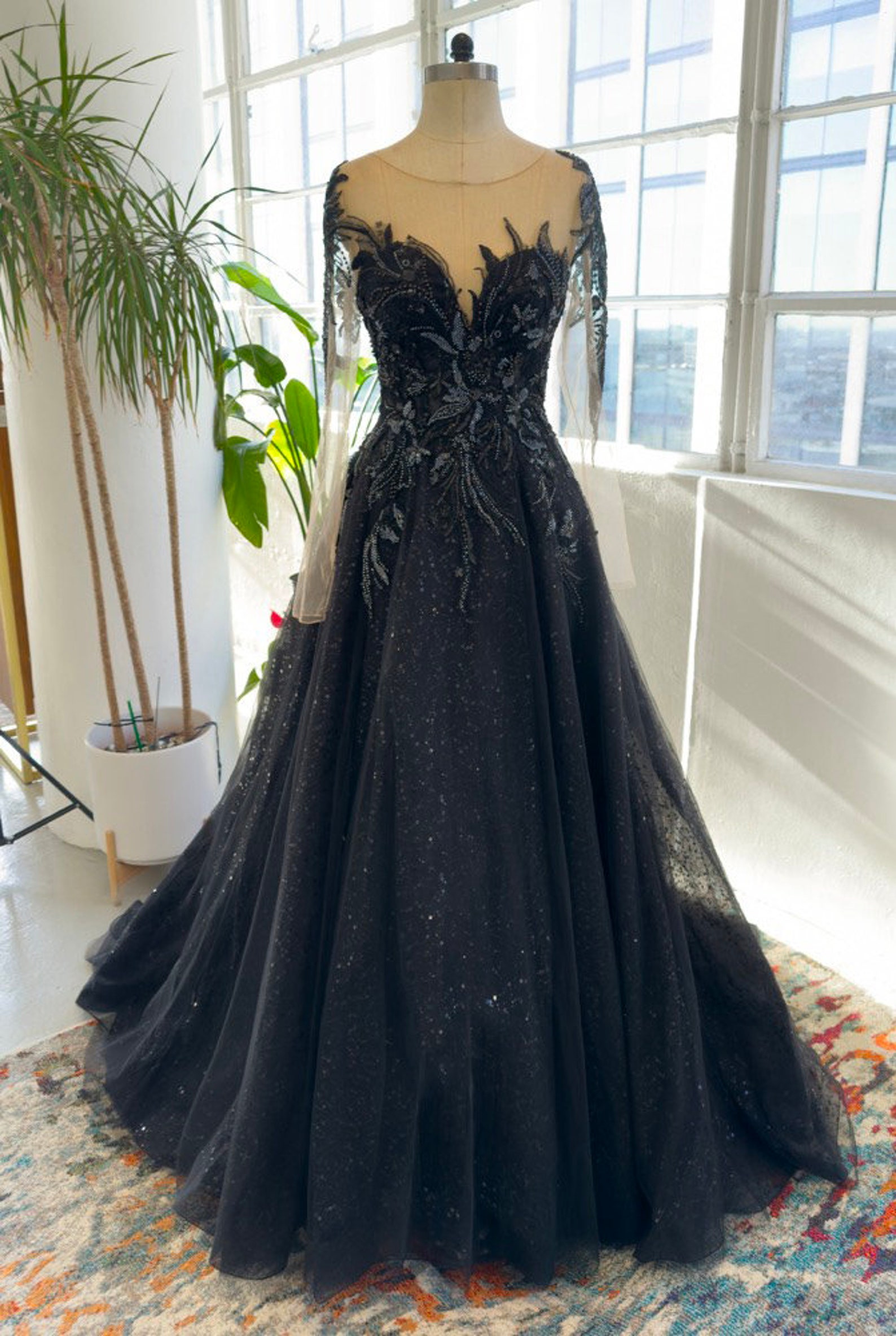 Black Beaded Lace Luxury Wedding Dresses Scoop Long Sleeves - Etsy