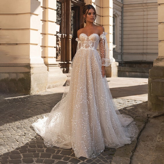 Dotted tulle wedding dress cheap