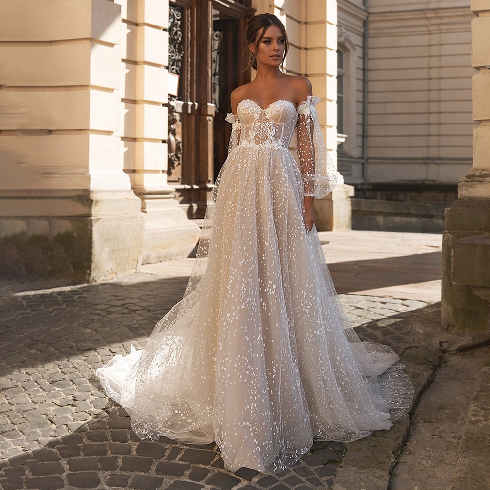 Elegant A-Line Wedding Dresses Sweetheart Appliques Tulle Bridal Dress Boho Beach Wedding Prom Ball Gowns Customized