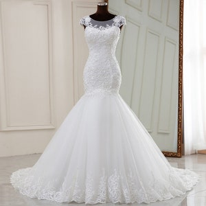 Luxury Lace Mermaid Backless Applique Straight Neckline Wedding Dresses,  FC1925