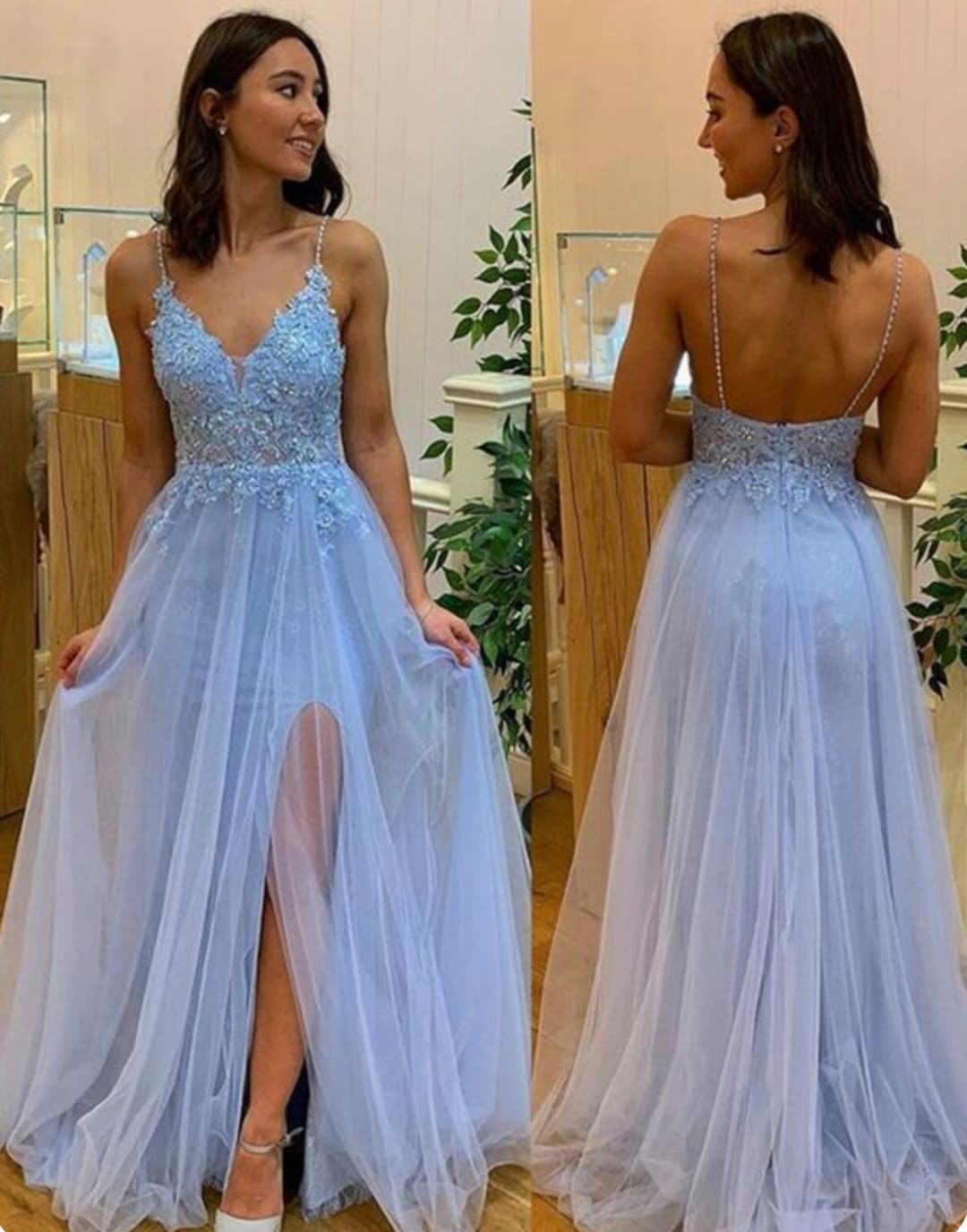 Light Blue Spaghetti Straps Prom Dresses A line V neck Side Slit Formal light-blue-spaghetti-straps-prom-dresses-a-line-v-neck-side-slit-formal