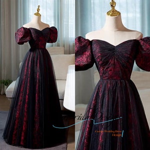 Black Tulle Ball Gown Burgundy Printed satin Off the Shoulder Wedding Fairy Prom Dress shirt sleeve Formal Party Dress W-88158