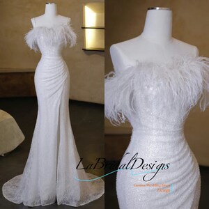 Gorgeous Ivory Party Strapless Feather Dress Prom Dress Pearl Beaded Lace Dress Sequin Long Bridesmaid Dress
