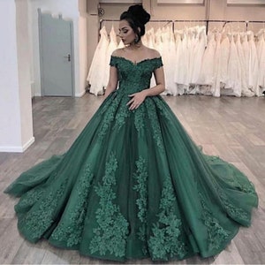 Dark Green Quinceanera Dress off the Shoulder Lace Appliques Ball Gown ...