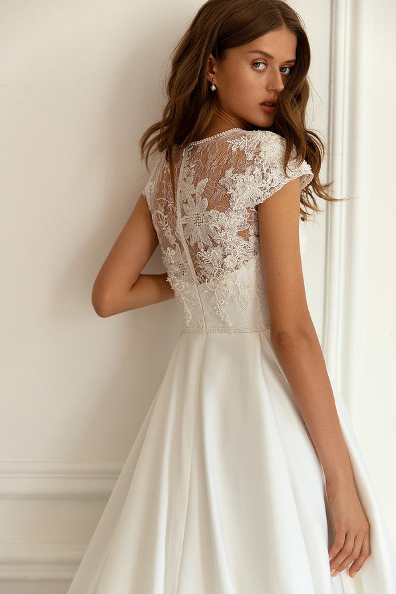 Satin Lace Wedding Dresses Aline Cap Sleeves Bridal Gowns Etsy