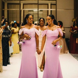 Pink Lace Satin Mermaid Long Bridesmaid Dresses Sweetheart Spaghetti ...