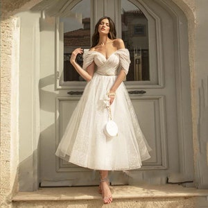 Glitter Sequin Tea Length Wedding Dresses A-line Off the Shoulder Bridal Gowns Lace up Back Short Luxury Bridal Dress