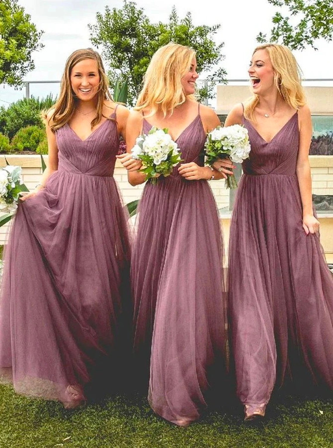 Purple Tulle Long Bridesmaid Dresses A-line V-neck Spaghetti image 1