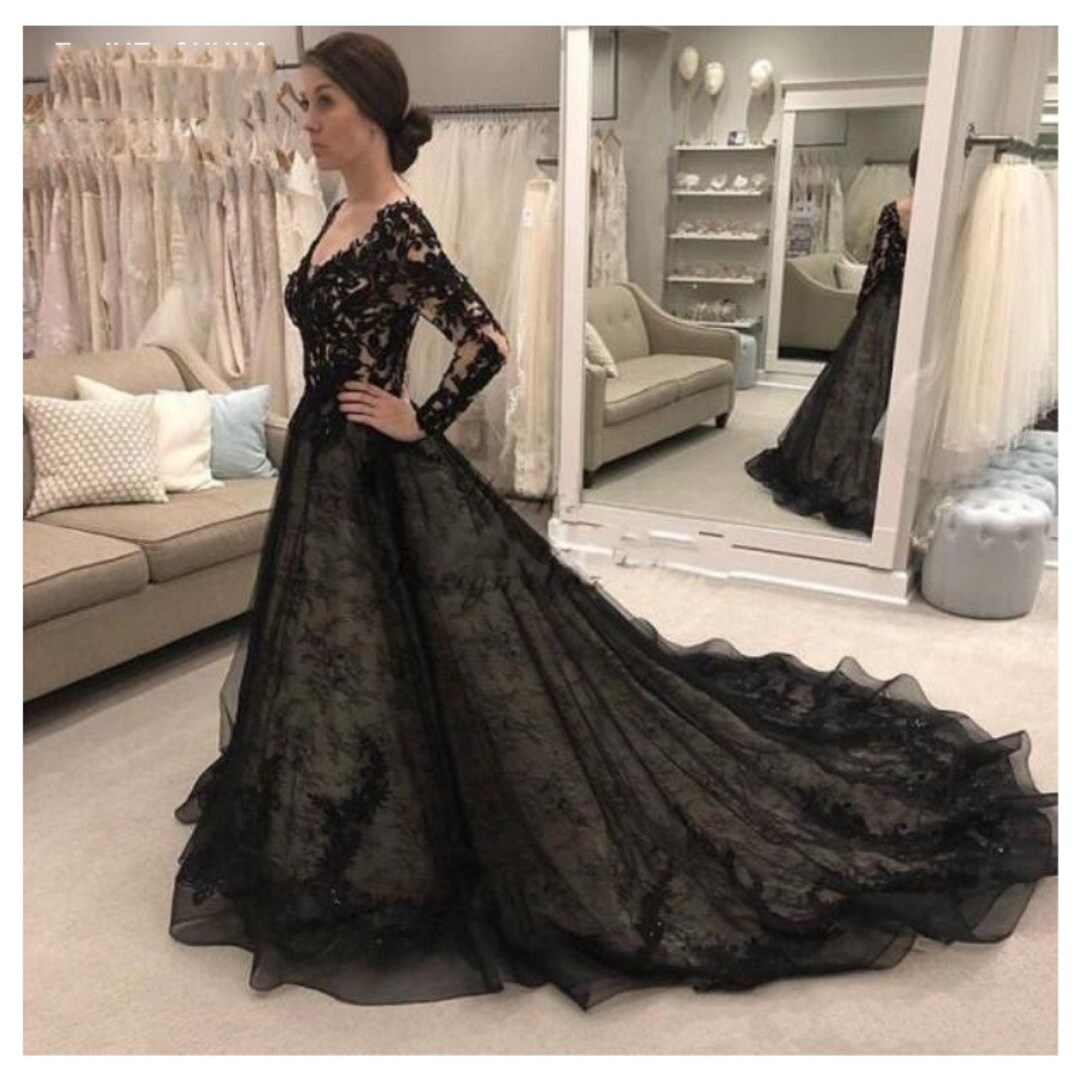 Black Lace Wedding Dresses Long Sleeves Vneck Bridal Gowns Backless