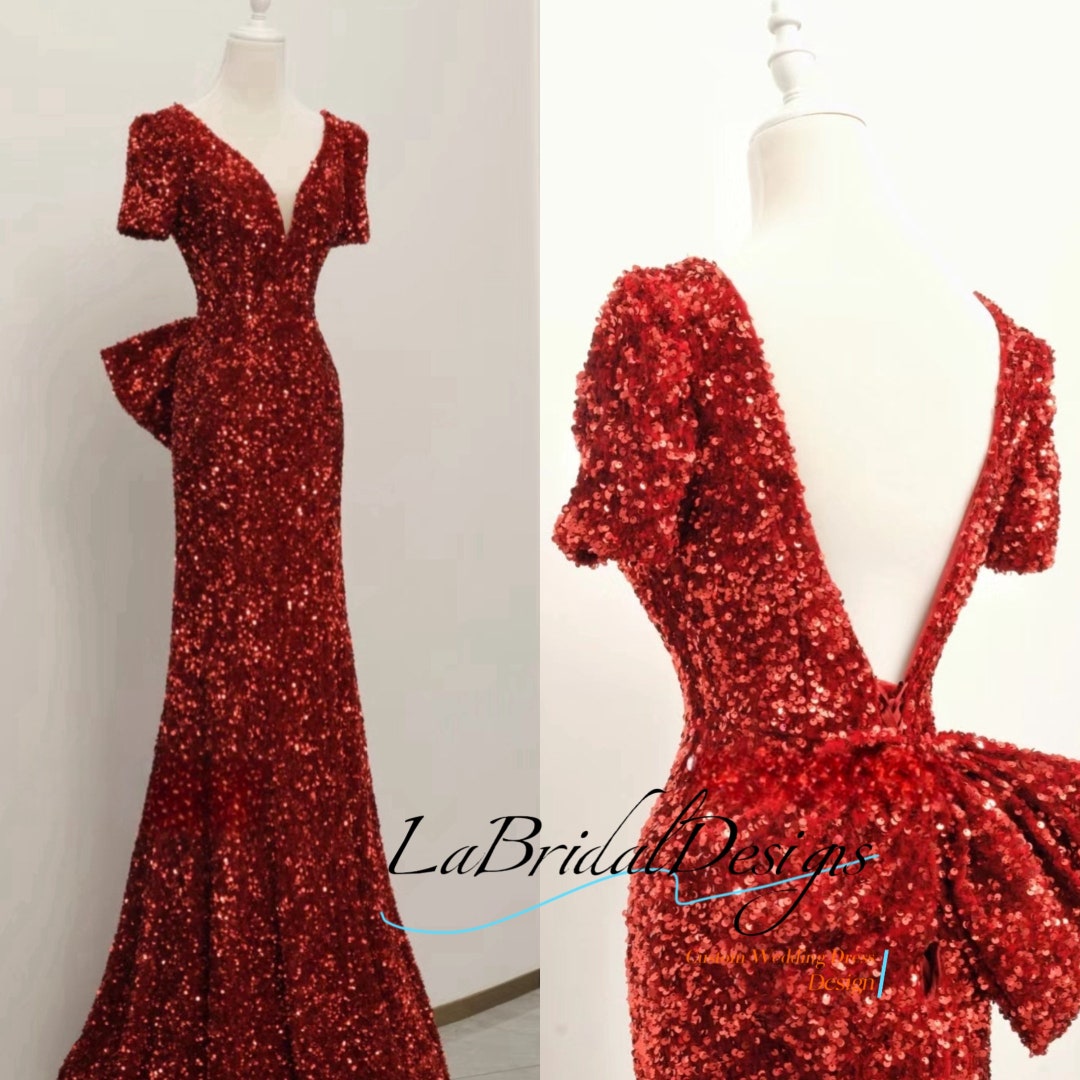 Dark Red Sequin Bowknot A-Line V-Neck Knee-Length Party Dress for Girls main image 1