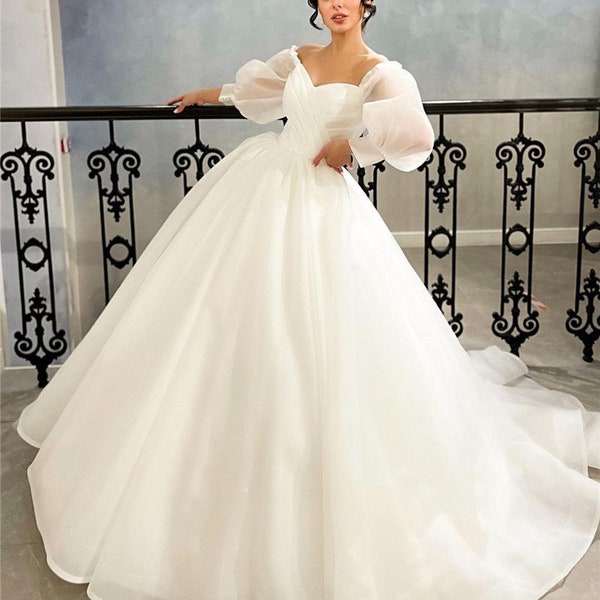 Organza Ball Gown Princess Wedding Dresses Off The Shoulder Puff Sleeves Bridal Gowns Court Train Bridal Dress