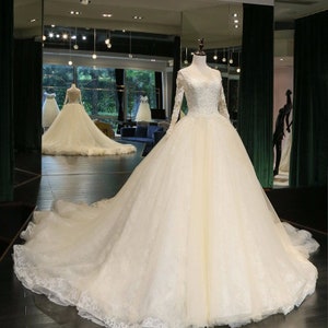 A-Line Princess Organza Appliqued V-Neck Long-Sleeve Chapel-Train wedding dress