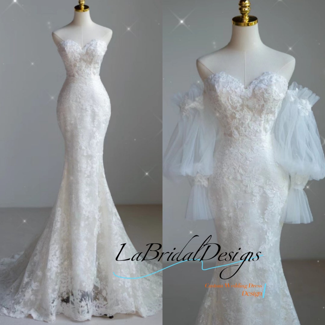 Fairytale Mermaid Off The Shoulder Lace Short Sleeves Long Wedding Dress