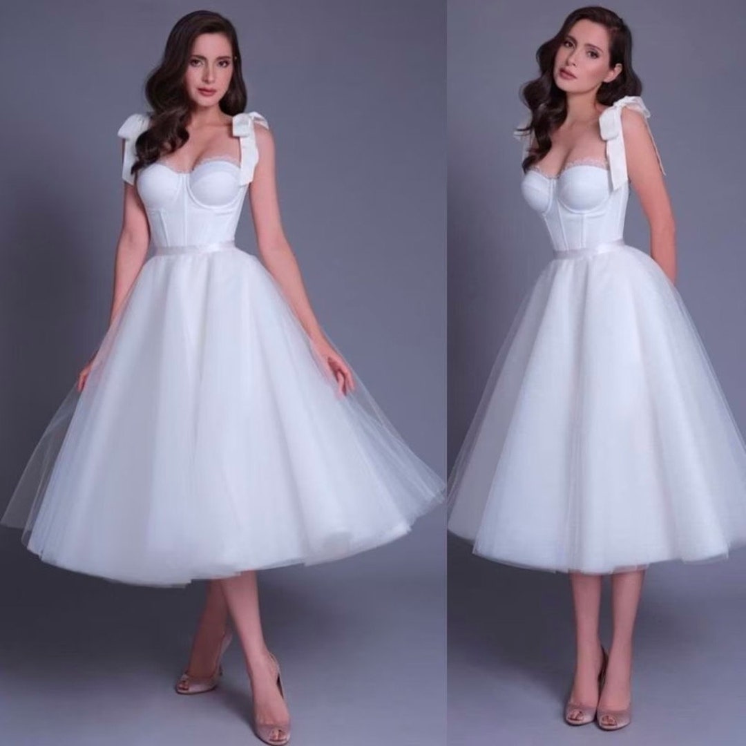 White Tulle Tea Length Wedding Dresses Aline Sweetheart Bridal Gowns