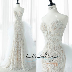Luxury Wedding Dress,2 in 1 Mermaid Wedding Dress. Custom Wedding Dress. Wedding dress with Detachable Trail. Mermaid Wedding Dress P-055
