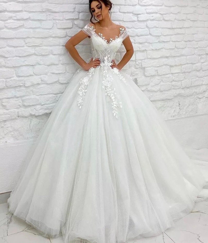 3D Lace Appliques Luxury Wedding Dresses Scoop Cap Sleeves - Etsy