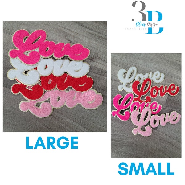 ADULT or YOUTH | Love in script - Chenille Patch Valentine's day Iron On | Red, White, Red, Hot Pink, Light Pink- Large or Small Patch