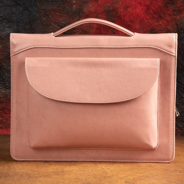 Pink Vegan Leather Portfolio with Handle, Name/Logo Engraving Leather Business Briefcase，Personalized exclusive portfolio, Anniversary gifts