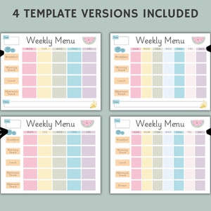 May include: Four printable weekly menu templates with different layouts. Each template features a watermelon and banana illustration. The templates include options for 5 or 7 days and 4 or 5 meals.