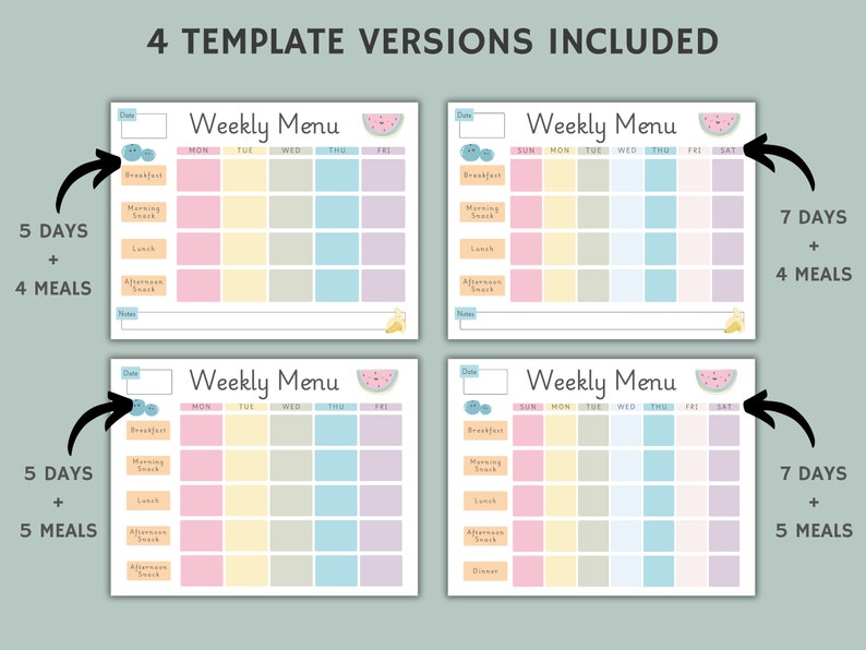 May include: Four printable weekly menu templates with different layouts. Each template features a watermelon and banana illustration. The templates include options for 5 or 7 days and 4 or 5 meals.