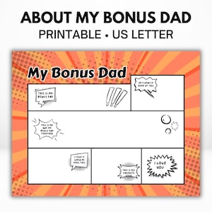 História em Quadrinhos Bonus Dad para Imprimir | Tudo Sobre Meu Bonus Dad | Presente de Dia dos Pais para Bonus Dad | Página para Colorir Presente de Aniversário para Bonus Dad