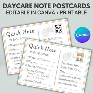 Note modifiable sur la garderie | Modèle de toile | Note rapide imprimable pour la garderie | Formulaires pour garderie en milieu familial | Chemise préscolaire | Rapport quotidien de la garderie