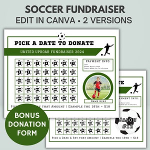 Könnte beinhalten: Grünes und schwarzes, fußballthematisches, druckbares Spendenformular mit einem Kalenderraster, einer Fußballgrafik und dem Text "Wähle ein Datum zum Spenden" und "United Uproar Fundraiser 2024".