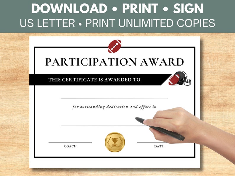 Printable Football Award Certificate Football Participation Award