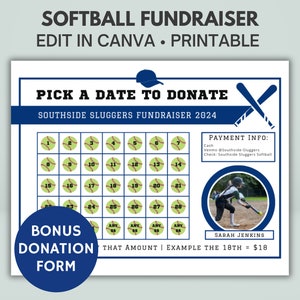 Editable Softball Calendar Fundraiser | Pick A Date Donation | Personalized Pick A Date To Donate | Softball Template | Canva Template