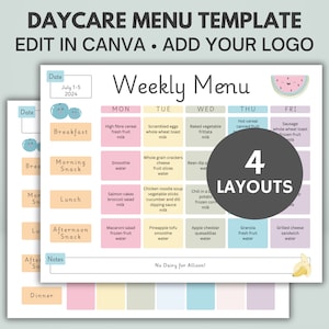 Szablon tygodniowego menu w żłobku | Edytowalny + do druku | Canva | Do szkół domowych, przedszkoli, formularzy do żłobka domowego | Rozmiar US Letter + A4