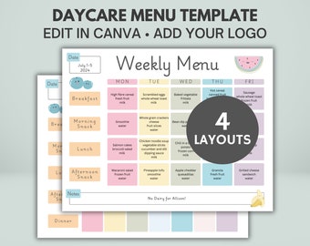 Plantilla de menú semanal para guardería / Editable + Imprimible / Canva / Para formularios de educación en el hogar, preescolar y guardería en el hogar / Tamaño carta de EE. UU. + A4