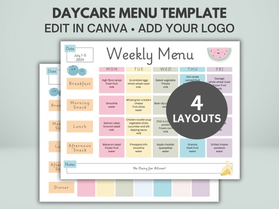 Daycare Weekly Menu Template | Editable + Printable | Canva | For Homeschool, Preschool, Home Daycare Forms |  US Letter + A4 size