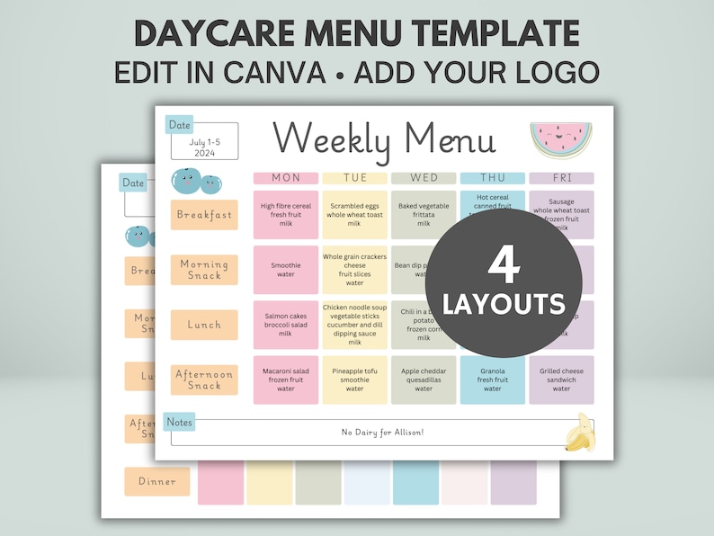 May include: A printable daycare menu template with four different layouts. The template is designed for a weekly menu and includes sections for breakfast, morning snack, lunch, afternoon snack, dinner, and notes. The template features cute illustrations of a watermelon, blueberries, and a banana.