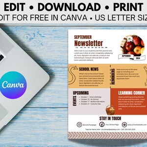 Puede incluir: Una plantilla de bolet&iacute;n informativo escolar imprimible y colorida. La plantilla tiene un esquema de color amarillo, naranja y rojo con una cesta de manzanas y un gr&aacute;fico de campana escolar. El texto en la plantilla incluye "Bolet&iacute;n de septiembre", "Noticias de la escuela", "Pr&oacute;ximos eventos", "Recordatorios", "Esquina de aprendizaje" y "Mantente en contacto".
