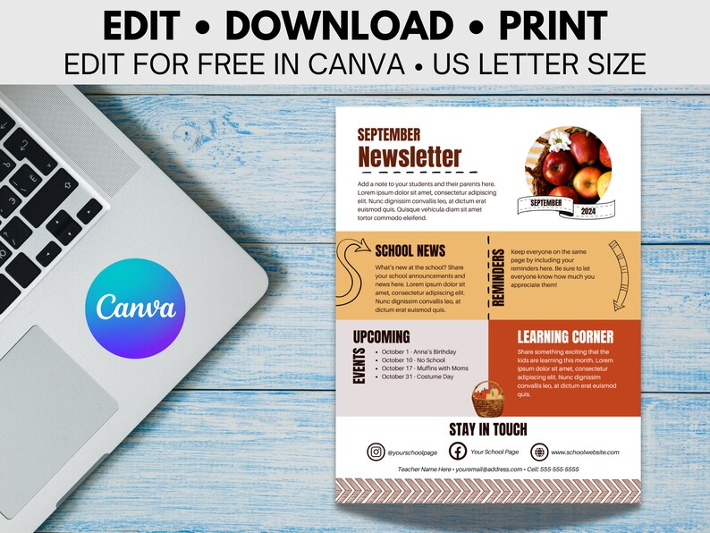 Puede incluir: Una plantilla de bolet&iacute;n informativo escolar imprimible y colorida. La plantilla tiene un esquema de color amarillo, naranja y rojo con una cesta de manzanas y un gr&aacute;fico de campana escolar. El texto en la plantilla incluye "Bolet&iacute;n de septiembre", "Noticias de la escuela", "Pr&oacute;ximos eventos", "Recordatorios", "Esquina de aprendizaje" y "Mantente en contacto".