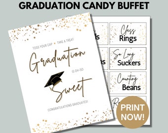 May include: Printable graduation party sign with gold stars and the text "Graduation is oh-so sweet".  The sign also includes a graduation cap graphic and the text "Toss your cap, take a treat".  The sign is accompanied by a sheet of printable labels for a candy buffet with the text "Class Rings", "So Long Suckers", and "Counting Beans".