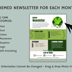 Puede incluir: Una plantilla de bolet&iacute;n verde y blanco con el texto "Bolet&iacute;n de marzo" en la parte superior. La plantilla es personalizable con texto, fuente, colores, ubicaci&oacute;n, gr&aacute;ficos, logotipo y todo. La plantilla incluye secciones para noticias escolares, eventos pr&oacute;ximos, recordatorios y un rinc&oacute;n de aprendizaje. La plantilla tambi&eacute;n incluye una secci&oacute;n de "Mant&eacute;ngase en contacto" con informaci&oacute;n de contacto.