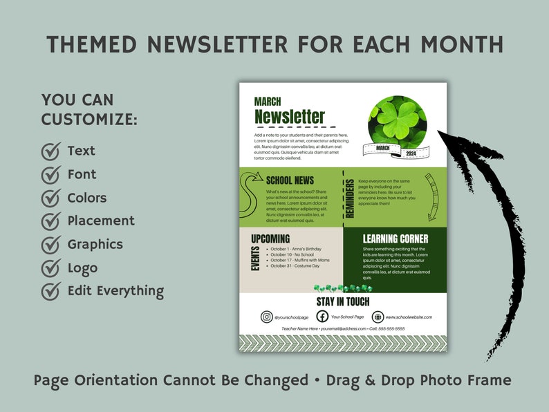 Puede incluir: Una plantilla de bolet&iacute;n verde y blanco con el texto "Bolet&iacute;n de marzo" en la parte superior. La plantilla es personalizable con texto, fuente, colores, ubicaci&oacute;n, gr&aacute;ficos, logotipo y todo. La plantilla incluye secciones para noticias escolares, eventos pr&oacute;ximos, recordatorios y un rinc&oacute;n de aprendizaje. La plantilla tambi&eacute;n incluye una secci&oacute;n de "Mant&eacute;ngase en contacto" con informaci&oacute;n de contacto.