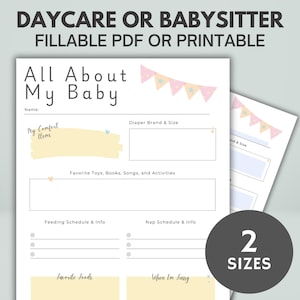 Tutto sul mio bambino / Stampabile o digitale / Modulo informativo per neonati / Per asili nido, tate, babysitter o moduli per asili nido a domicilio / Lettera USA + A4