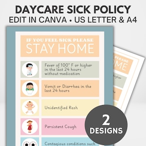 Folheto de política de doença em creche | Cartaz de doença em creche | Quadro de avisos de doença | Modelo Canva | Editável + Imprimível | A4 + Carta dos EUA