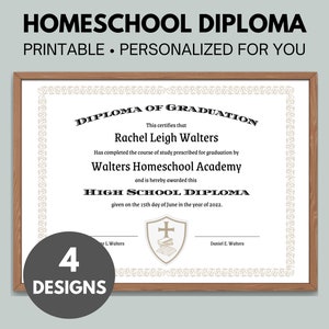 Personalisiertes Homeschool Diploma | Druckbar | 4 Design-Optionen | Maßanfertigung | Ausdruckbares Abitur | Schrift, Ehrungen, Goldsiegel