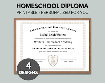 Personalized Homeschool Diploma | Printable | 5 Design Options | Custom Made | Printable High School Diploma | Scripture, Honors, Gold Seal